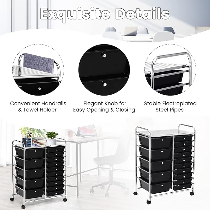 DREAMADE Rolling Cart with 15 Drawers, Clear Plastic Drawer Organizer w/Lockable Wheels, Removable & 2-Sized Storage Drawers, Art Cart for School Home Art Supplies Crafts File Scrapbook (Black) - Image 6