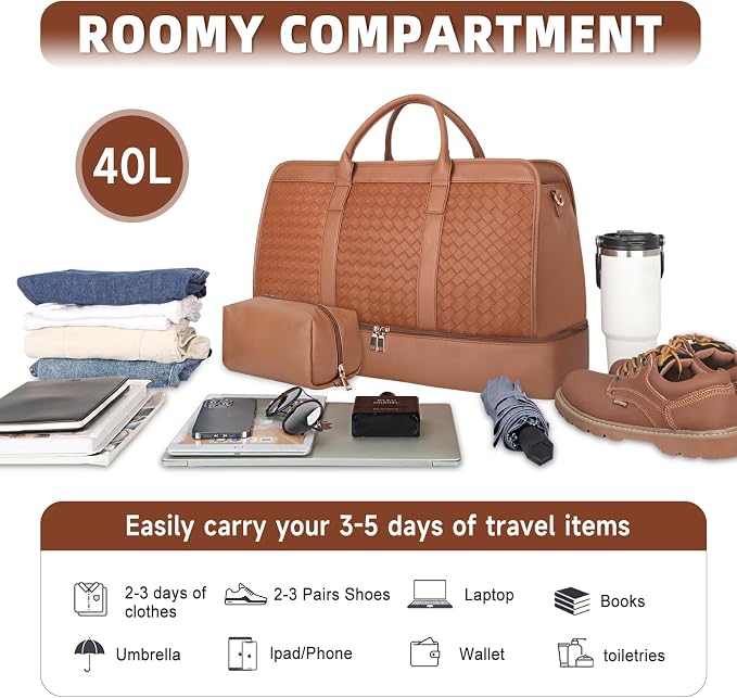 Travel Duffle Bag for Men Women, PU Leather Duffel Bag for Traveling, Large Carry on Weekender Overnight Bag with Shoe Compartment, Perfect for Travel/Daily Use - Image 5