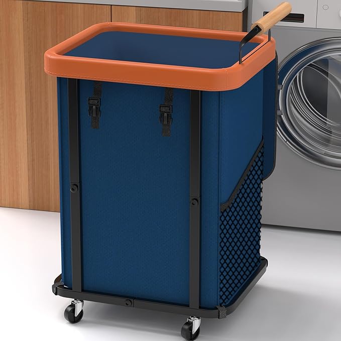 150L Laundry Basket with Wheels, Rolling Basket Hamper with Lid & Handle | Laundry Organizer Storage Cart with Heavy Duty Sturdy Metal Frame for Home, Hotel, Laundry Room - Dark Blue by Unlockyourhomestoragelife