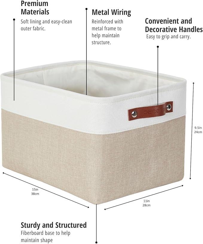 DECOMOMO Storage Bins, Large Fabric Storage Baskets for Shelves 4 Pack | 15 x 11 x 9.5 inches Decorative Linen Closet Organizers (Beige & White) - Image 4