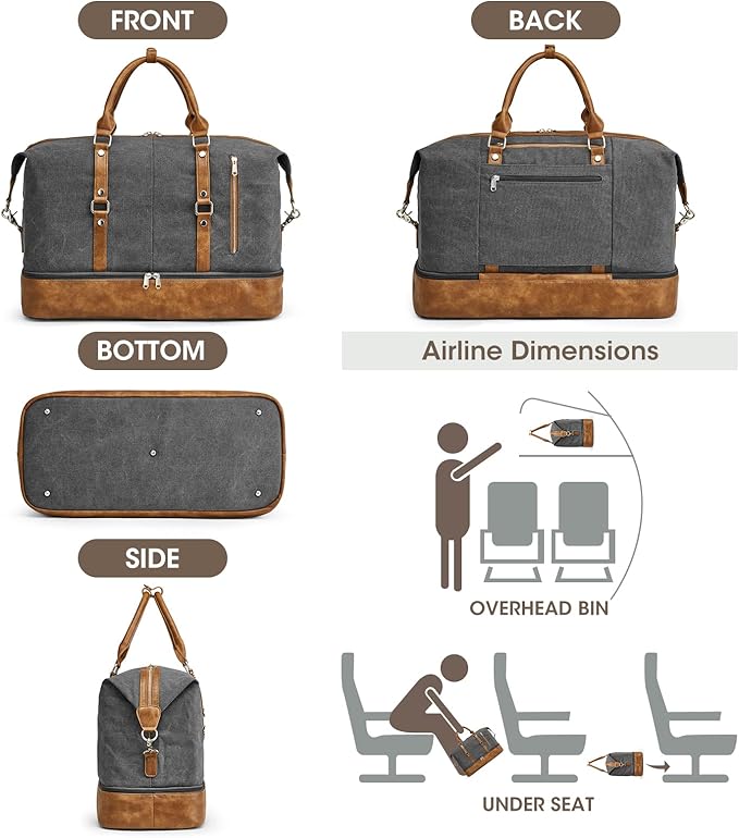 S-ZONE Weekender Bag for Men Large Canvas Duffle Overnight Travel Bag Grey | Anti-wrinkle Canvas,Adjustable Shoulder Strap,1 Main Compartment and 7 Pockets,with Shoe Compartment - Image 3