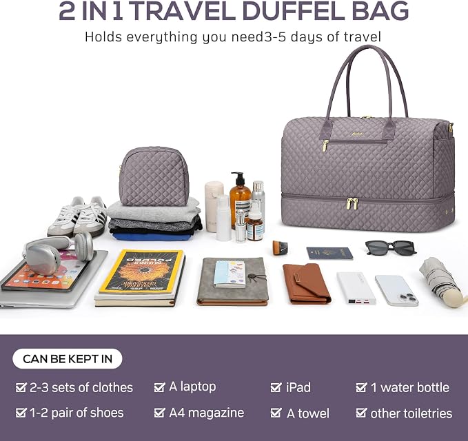 Large Weekender Bag for Women Travel: Overnight Bag with Shoe Compartment | 40L Capacity for 5 Day Trip Waterproof Durable Toiletry Bag Wet Pocket for Damp Items Suitable for Weekend Trips Hospital - Image 4