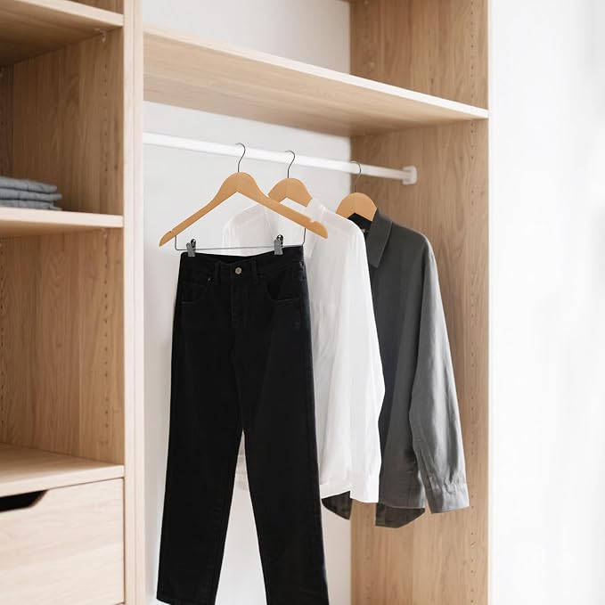 Wooden Hangers with Adjustable Metal Clips, 72-Pack, Natural | Solid Wood Hangers with 360° Rotatable Hook for Skirt, Dress, Coats, Jacket and Pants, Space-Saving and Non-Slip Design - Image 7