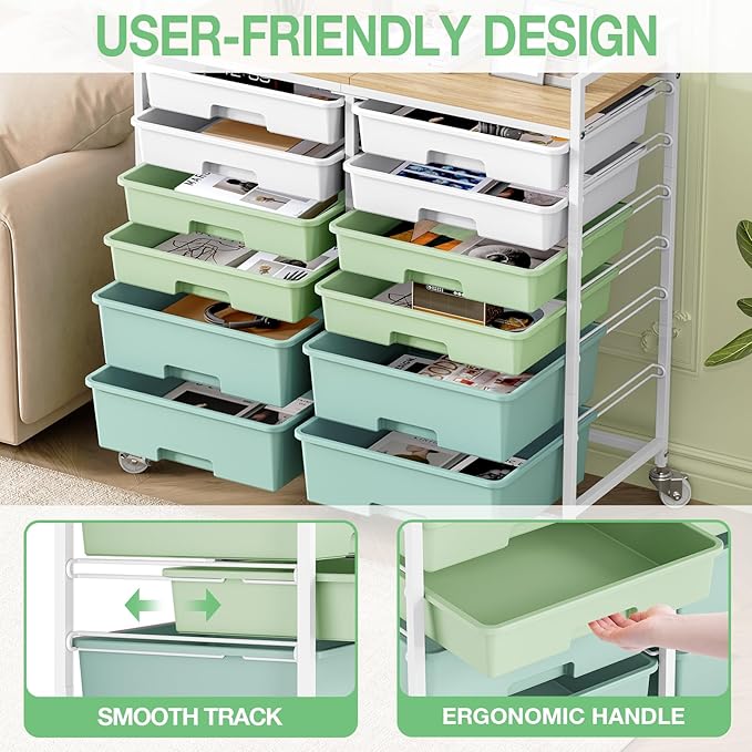 TOOLF 12 Drawers Rolling Storage Cart with Wooden Top for Classroom,Green | Teacher Cart Craft Art Supply Organizer, Utility Cart with Lockable Wheels for Home Household Essentials, Office Organization - Image 5