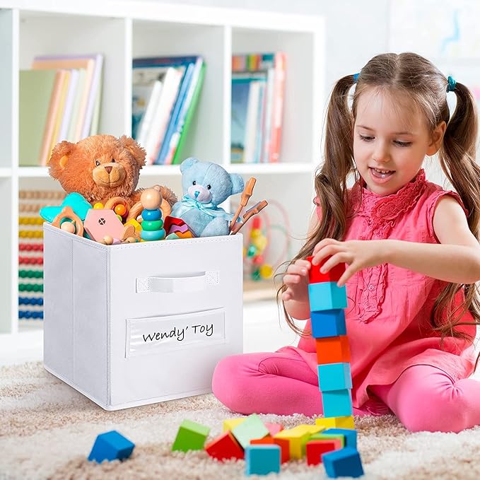 13x13x13 storage cube bins(Set of 8)Fabric storage cubes with 8 Labels Window Cards & a Pen,storage cubes 13x13, storage bin, Collapsible 13 inch cube storage bins,Cubby Organizer Boxes, White - Image 5