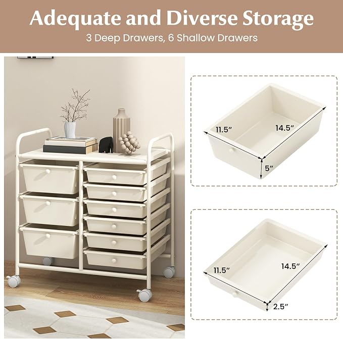 RELAX4LIFE 9 Drawer Rolling Storage Cart - Mobile Drawer Carts for Craft Art Supply Paper Salon, Utility Cart on Wheels for Classroom Teacher School Office, Rolling Cart with Drawers (Ivory White) - Image 4