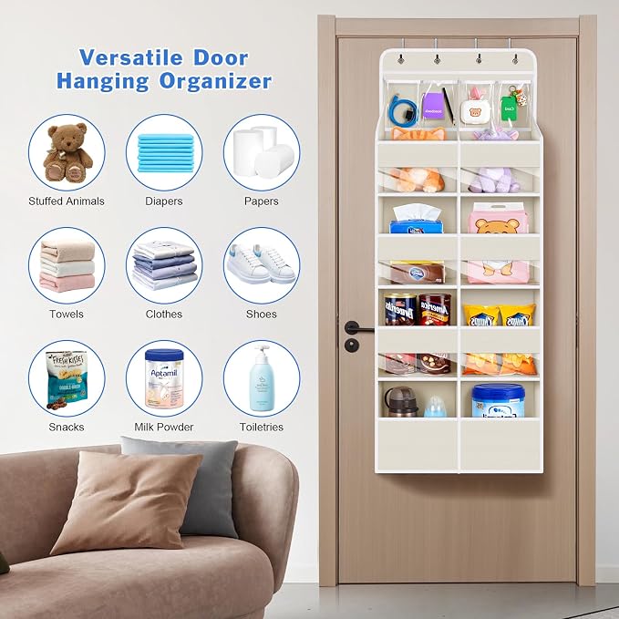 Univivi Upgraded Over the Door Organizer for Baby Nursery, Beige, 5-Shelf | Fabric Door Organizer with Clear Window Deep Pockets, Over Door Hanging Organizer for Baby Essential, Bedroom, and Dorm - Image 9