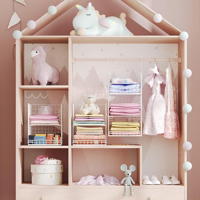 Yuyetuyo ﻿5 Tier Hanging Closet Organizer Separable Hanging Closet Shelves with 4 Hooks 2 Adjustable Dividers, Wire Storage Basket Bins for Clothing Sweaters Socks Dolls Handbags, Foldable - Image 2