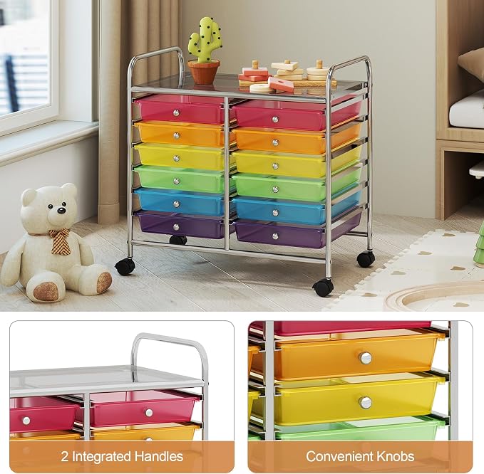 RELAX4LIFE 12-Drawer Rolling Storage Cart - Mobile Utility Cart on Wheels for School Classroom Teacher Office Salon, Paper File Art Supply Craft Organizer, Rolling Cart with Drawers (Rainbow) - Image 6