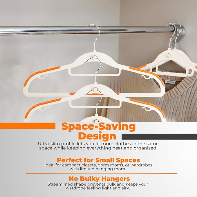 Lightweight White Plastic Hangers 20 Pack with Cascading Hook, Space Saving Thin, Closet Organizer, Orange Anti-Slip Pads, 360° Swivel, Tie Holder - Image 2