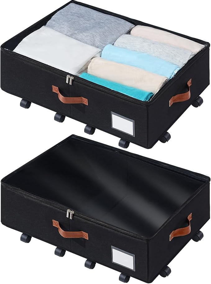 Freebat Under Bed Storage with Wheels 2 Pack, Underbed Container | 7.5 inch Height Under Bed Drawers with Clear Lid Cover, Storage Bag Box with Visiable Window for Clothes, Bedsheet, Pillow by Freebat