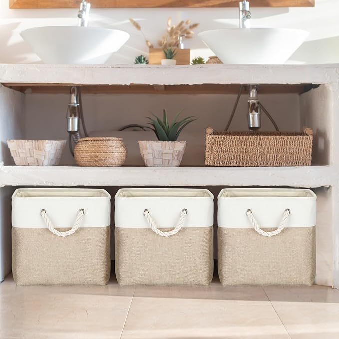 meekoo 8 Pack Collapsible Storage Bins Fabric Storage Bins Polyester Fabric Baskets with Handles Linen Closet Organizer for Shelf Home Closet Towels Toys(15 x 11 x 9.5 in,Beige) - Image 6