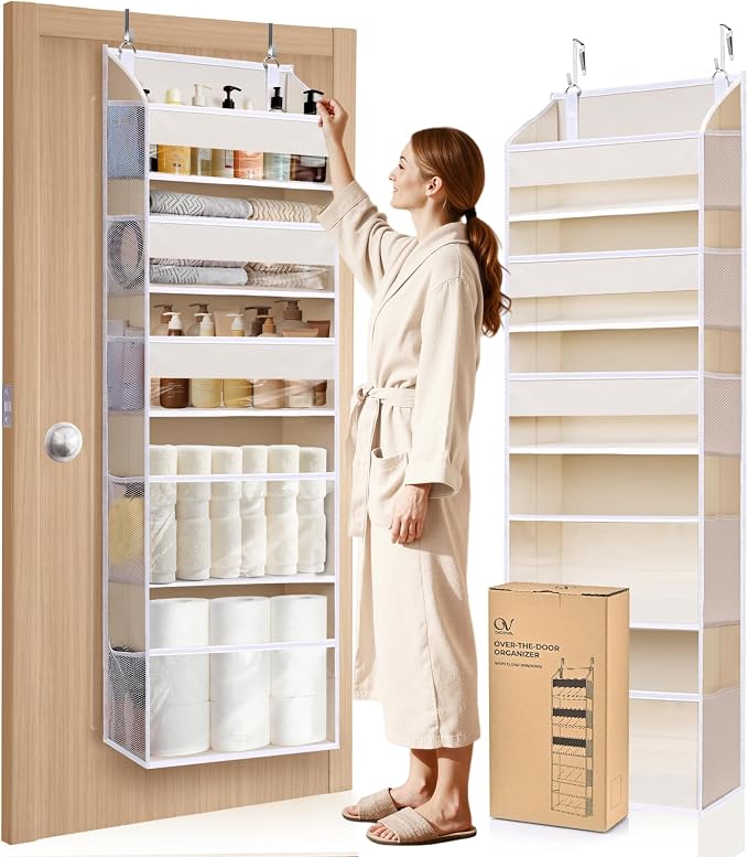 5 Tiers Over the Door Organizer with 10 Mesh Side Pockets, 44 lbs Weight Capacity Closet Hanging Storage Organizer with Large Clear Window Kids Toys, Shoes, Diapers, Beige by ORDOVIBE