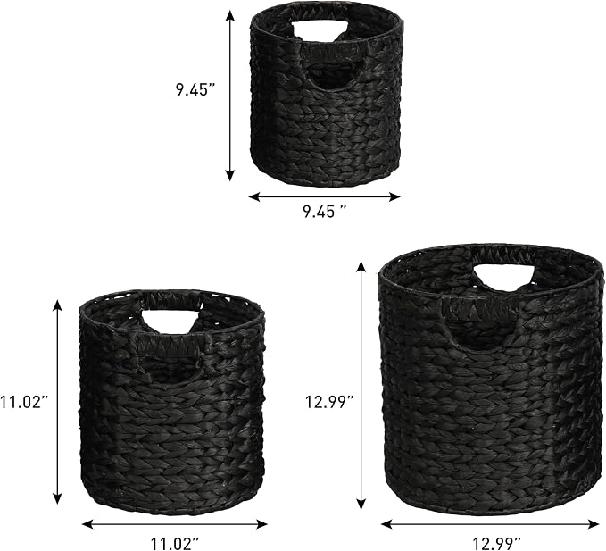 happimess Avery 3-Piece Cylinder Nesting Baskets 13", Black | Hyacinth, Bohemian Cottage Style, Handwoven Wicker, Iron Metal Frame, Decorative Storage For Toys And Books, Built In Handles - Image 3