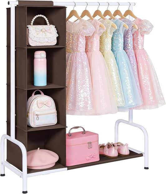 Univivi Kids Clothing Rack with Hanging Organizer, 43 Inch, Brown and White | Toddler Dress Up Storage with Bottom Shelf, Sturdy Metal Dress Up Rack, Toddler Wardrobe Rack for Nursery, Playroom, Bedroom by Univivi