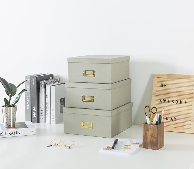 Soul & Lane - Gray Decorative Photo Storage Boxes with Lids, Set of 3 | Square Stacking Kraft Storage with Gold Label Holders, Nesting Cardboard Memory Boxes for Cards, Desk and Home Decor - Image 5