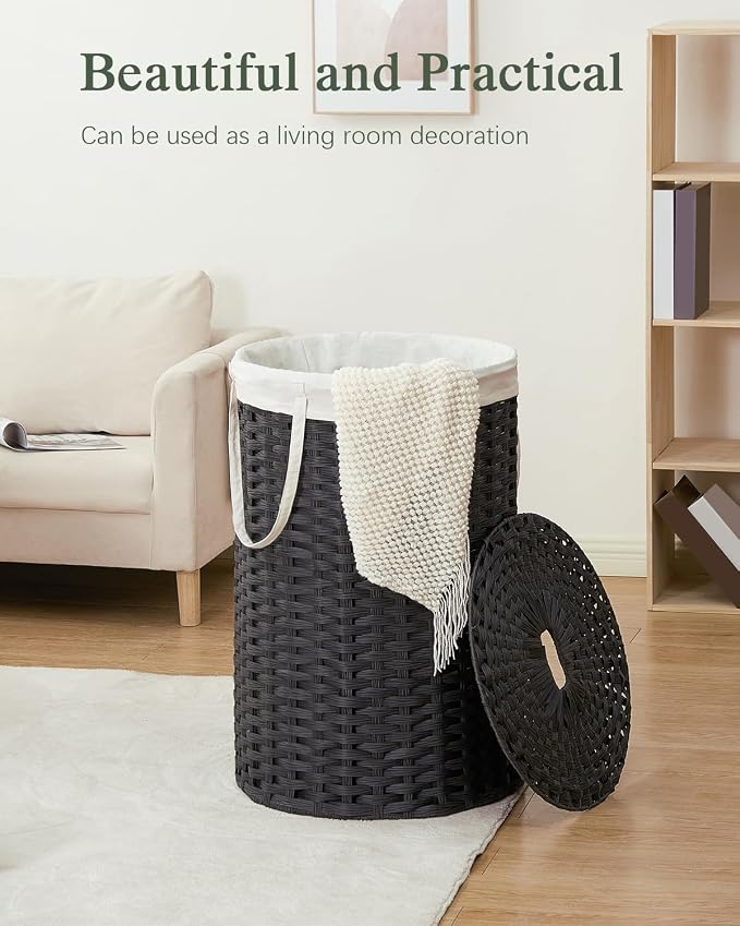 SETVSON Large Laundry Hamper Laundry Basket Round 130L, Black | Decorative PE Rattan Furniture Look for Bedroom, Round Laundry Hamper, Removable Liner Bag, 2 Mesh Bags, Handles - Image 7