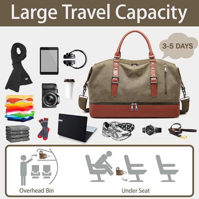 Canvas Duffle Bag for Travel, Weekender Overnight Bag for Women Men with Shoe Compartment Carry on Duffle Bags for Airplanes Gym Sport Business Bag - Image 5
