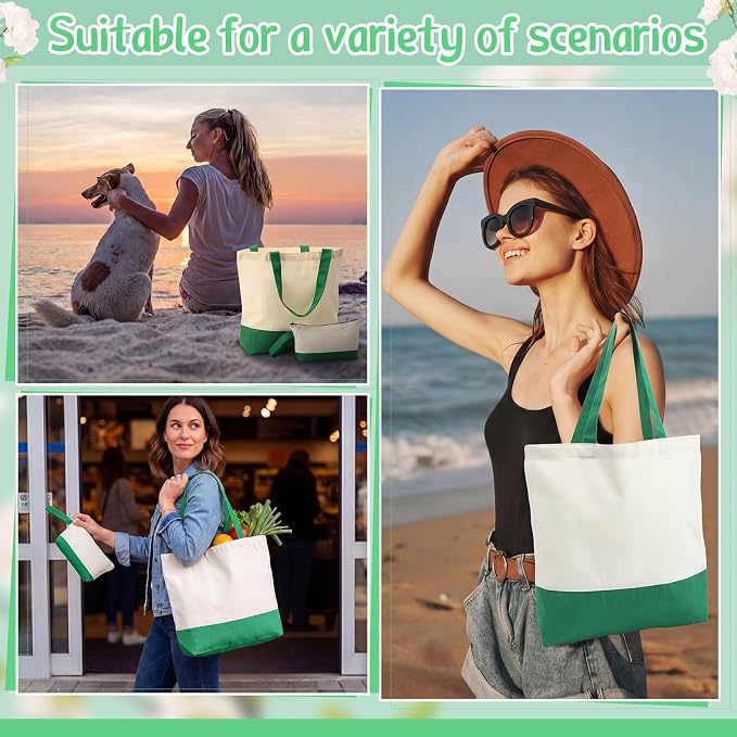 Sanwuta 30 Pcs Canvas Tote Bags Bulk with Zipper Cosmetic Pouch,Green | 18.5" Reusable Cotton Shopping Bag with Handle for DIY Craft - Image 2