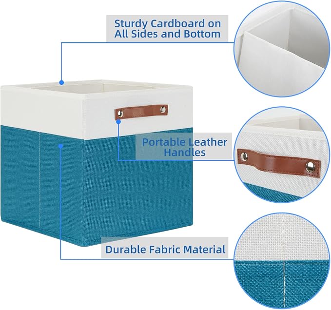 Temary Cube Storage Bins Storage Cube Bins for Home, 4 Pack Fabric Storage Bins for Organization, Storage Cubes 13x13 Cube Baskets with Leather Handles (White&Teal) - Image 3