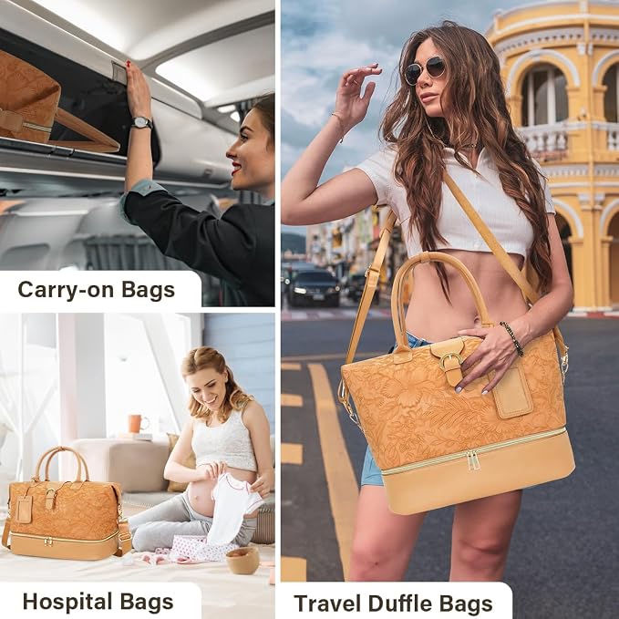 Leather Weekender Bags for Women, Travel Duffel Bag PU Overnight Bag Carry On Tote Bag with Shoe Compartment Wet Pocket - Image 6