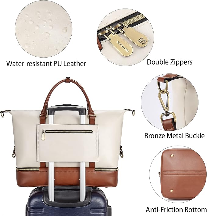 BOSTANTEN Weekender Bags for Women Leather Travel Duffle Bag | Shoe Compartment, Trolley Sleeve, Fits Under-seat, Airline-Friendly Carry-on Size, Weekend Getaways, Overnight, Road Trip - Image 4