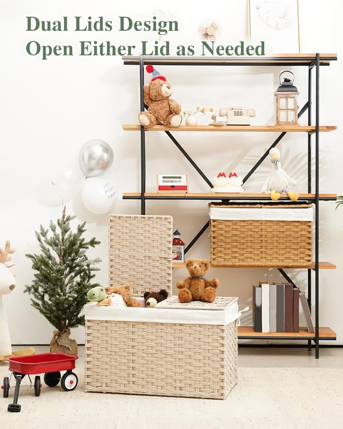SETVSON Storage Basket with Lid 105L PE Rattan Storage Bin Light Khaki | 2 Removable Liners for Clothes & Blankets, 105L Storage Bin with 2 Separate Lids,Sturdy Metal Frame, PE Rattan - Image 5
