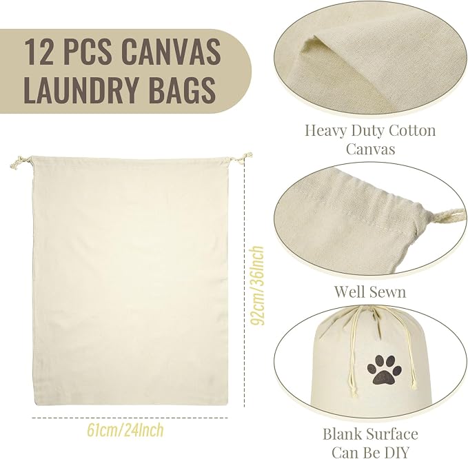 12 Pcs 24" x 36" Canvas Laundry Bags Bulk Large Cotton Laundry with Drawstring Heavy Duty Hamper Liner Washable Dirty Clothes Santa Bag for Travel Household - Image 2