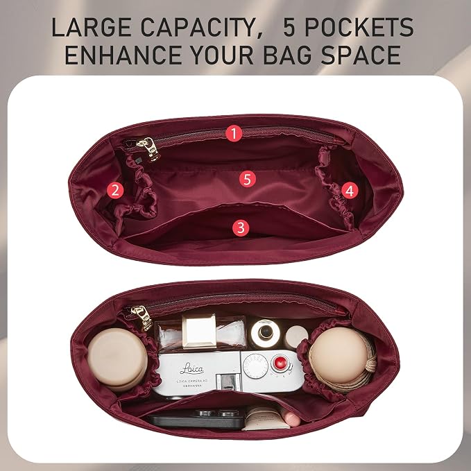 Brooklyn 28 Bag Insert, Purse Organizer Insert for Coach, Nylon Merlot | Waterproof Nylon For Coach Brooklyn Shoulder Bag 28, Lightweight, 5 Compartments Zipper Pocket, Elastic Holders - Image 3