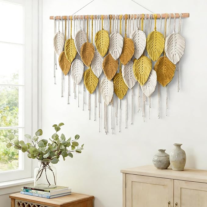 Large Macrame Wall Hanging Boho Woven Tapestry Bohemian Farmhouse Wall Art | KHOYIME Handmade Yellow Leaf Feather Chic Modern Home Decoration for Living Room Bedroom Nursery Dorm Backdrop 39"W X 29.5"L - Image 5