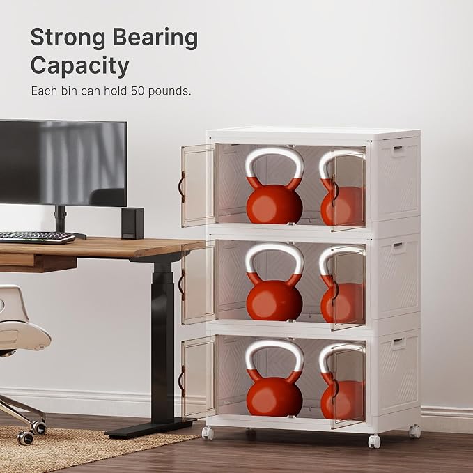 Stackable Storage Bins with Lids, 330QT Lockable Storage Cabinet | Closet Organizers, Foldable Storage Box with Doors and Wheels, Plastic Drawers for Home, Garage, Office (3, White, Plus) - Image 5