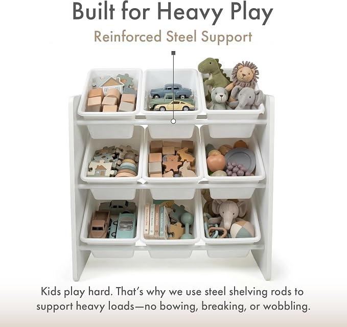 Humble Crew Kids Toy Organizer with 9 Bins, 3 Tier Storage for Playroom | Sturdy wood and steel toddler shelf, removable BPA-free containers, wall anchor anti-tip safety kit for bedroom or classroom - Image 5