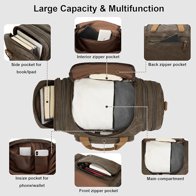 Waxed Canvas Duffel Bag 50L, Army Green | Waterproof, Travel, Overnight, Weekender - Image 4