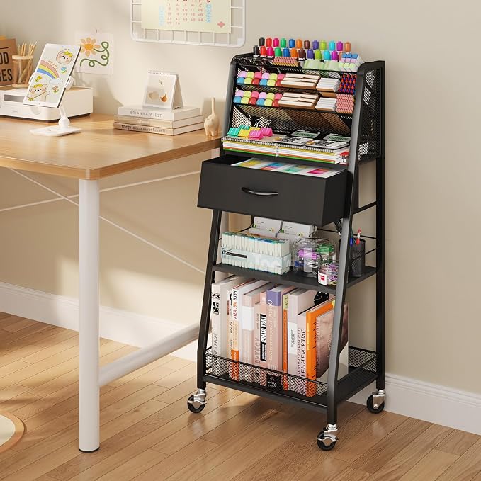 3 Tier Rolling Cart - Metal Utility Cart with Storage Drawer and Wheels, Versatile Art & Craft Organizer for Home, Office, or Studio - Ideal for Storing Brushes, Paints, and Supplies（Black） - Image 8