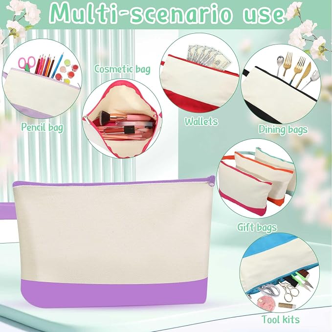 Sanwuta 30 Pcs Canvas Tote Bags Bulk with Zipper Cosmetic Pouch,Colorful | 18.5" Reusable Cotton Shopping Bag with Handle for DIY Craft - Image 5