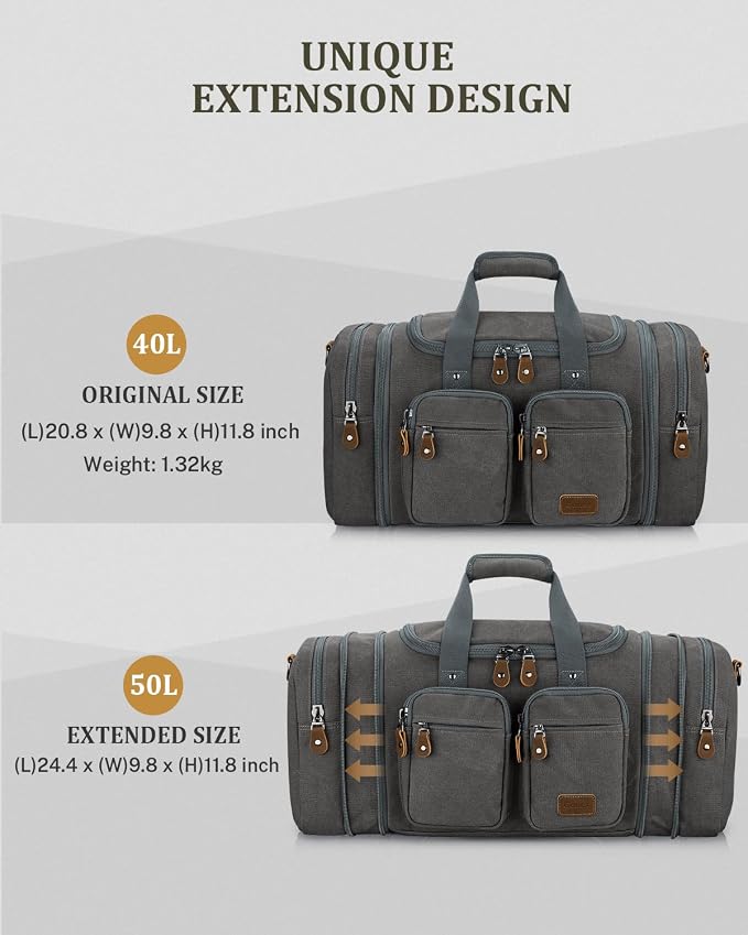 Gonex Duffle Bag for Travel, Expandable 50L Overnight Weekender Gym Bag | Water-Resistant Canvas, Wet-Dry Pocket, Luggage Sleeve, Carry-On Size, Detachable Strap, Grey - Image 3