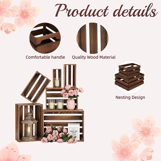 Set of 6 Decorative Wood Crates for Display, 6 Size Farmhouse Wooden Baskets Rustic Nesting Crates Decor Boxes with Handle for Storage, Container, Display, Christmas Decorations - Image 3