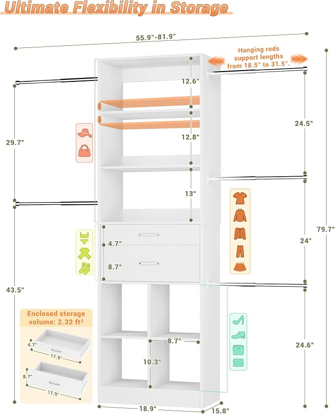 Besiost Small Closet System, 3.2-6.8FT Small Closet Organizer with 2 Wooden Drawers & 5 Hanging Rods, Can Fit 37.5 to 81.9 inch Walk-in Closet System, Built-in, White, Enclosed Storage Volume 2.32 ft³ - Image 3