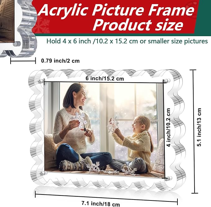 3 Pack Acrylic Picture Frame - 4x6 Magnetic Picture Frames | Double Sided Magnet Frames,10+10mm Thick Block, Clear Frameless Photo Scalloped Freestanding for Desktop Display - Image 2