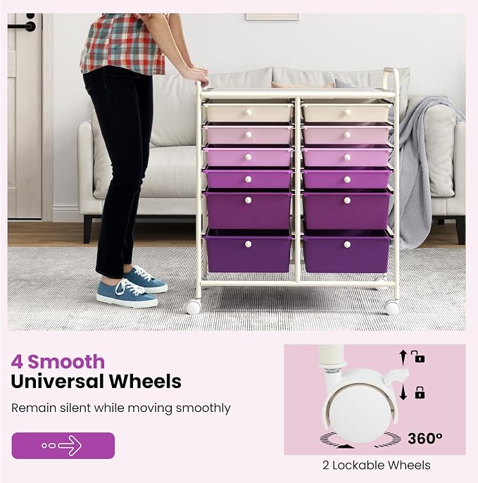 Giantex 12 Drawers Rolling Storage Cart, Classroom Organizers with Wheels for Tools Scrapbook Craft Paper Teacher Office School Supplies (Purple Gradient) - Image 7