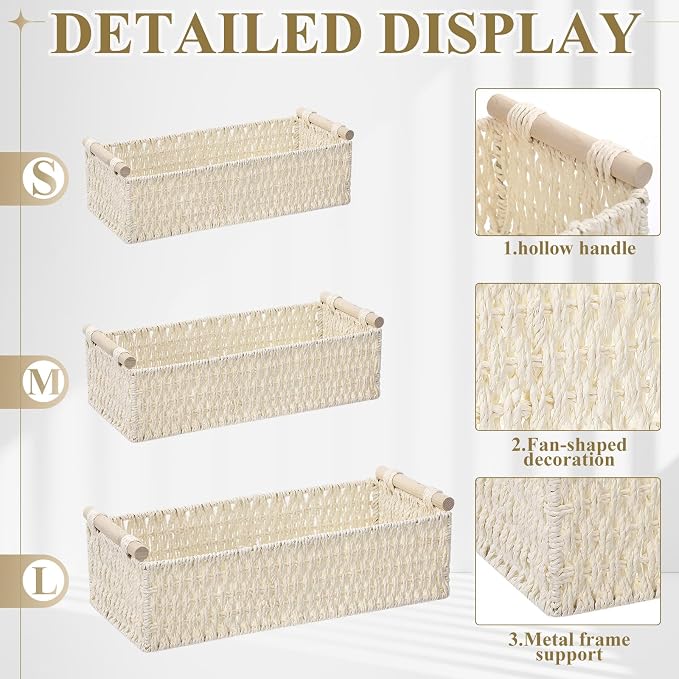 Boao 3 Pcs Boho Storage Wicker Baskets Handmade Woven Decorative Paper Rope Baskets for Organizing with Handle Countertop Toilet Paper Storage Container for Toilet Tank Top (Beige,Rectangle) - Image 3
