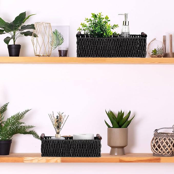 Boao 3 Pcs Boho Storage Wicker Baskets Handmade Woven Decorative Paper Rope Baskets for Organizing with Handle Countertop Toilet Paper Storage Container for Toilet Tank Top(Black,Rectangle) - Image 6