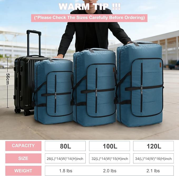 80L EXTRA LARGE Duffle Bag for Travel, 26" Foldable Travel Duffel Bag with Shoe Compartment for Men Women, Waterproof & Tear Resistant (Light Blue, EXTRA LARGE, 80L) - Image 8