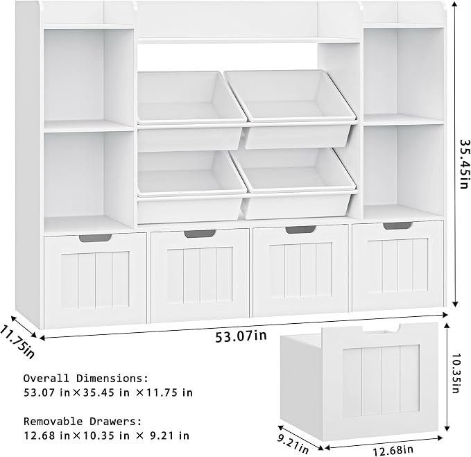 Toy Storage Organizer, Toy Organizer with 4 Movable Drawers and 4 Box Bins, Kids Playroom Storage Organization with Hidden Wheels for Living Room, Kids Room - Image 2