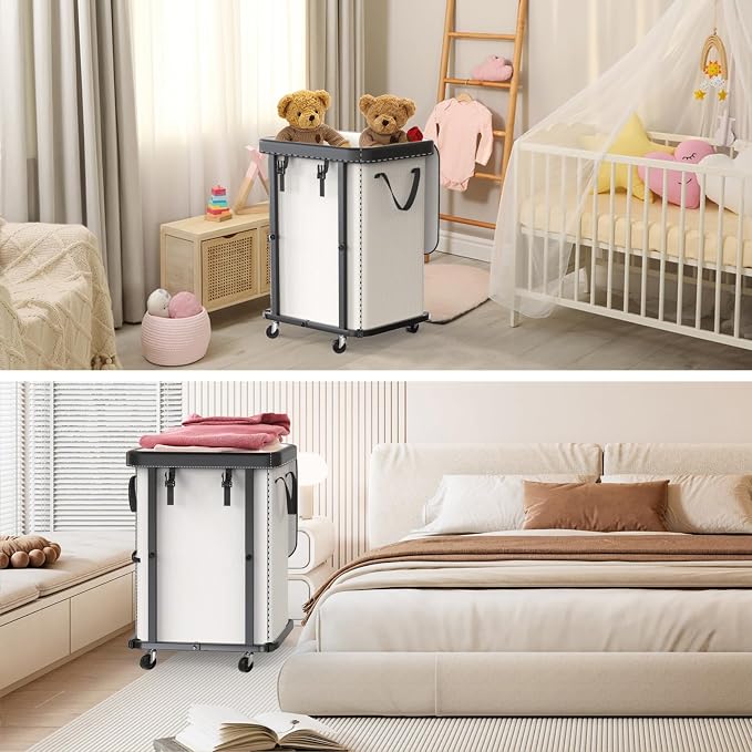 Laundry Basket with Wheels,150L Leather Patchwork Rolling Hamper Carts | Sturdy Metal Frame, Removable Washable Bag, Tall Clothes Sorter for Bedroom, Laundry Room - Beige - Image 7