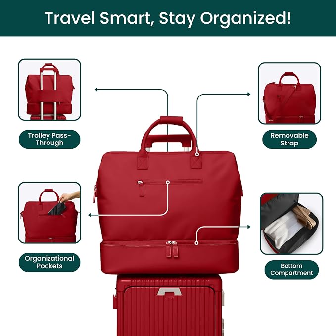 Nobl Travel Weekender Bag for Women & Men, Large Carry-On Duffel Cherry Red | Leather Overnight Tote with Trolley Sleeve, Separate Shoe Compartment & Laptop Pocket for Airplane, Gym & Road Trips - Image 3