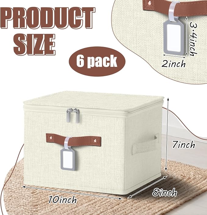 6 Pack Fabric Closet Storage Bins with Zipper Lids and Label, 10×8×7In Large Size Foldable Cotton Linen Storage Cubes Boxes with PU Leather Handles Holders for Bedroom, Shelf, Nursery, Beige - Image 2
