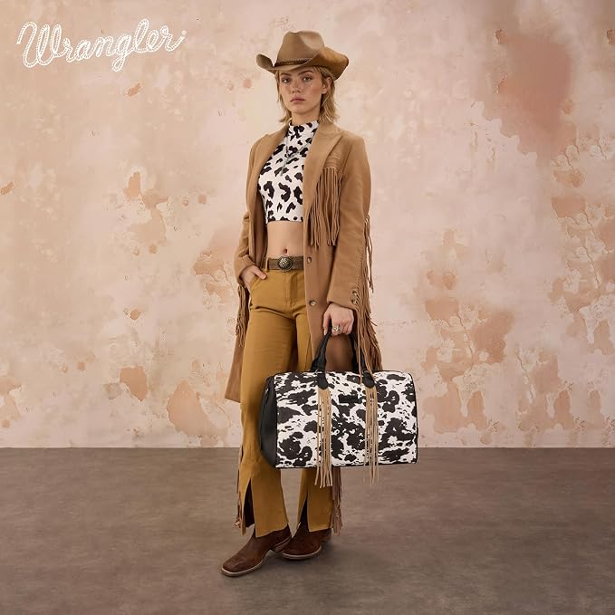 Wrangler Rustler Wildside Cow-Print Weekender Duffel Bag Large Carry On Bags with Tassels, Black - Image 4