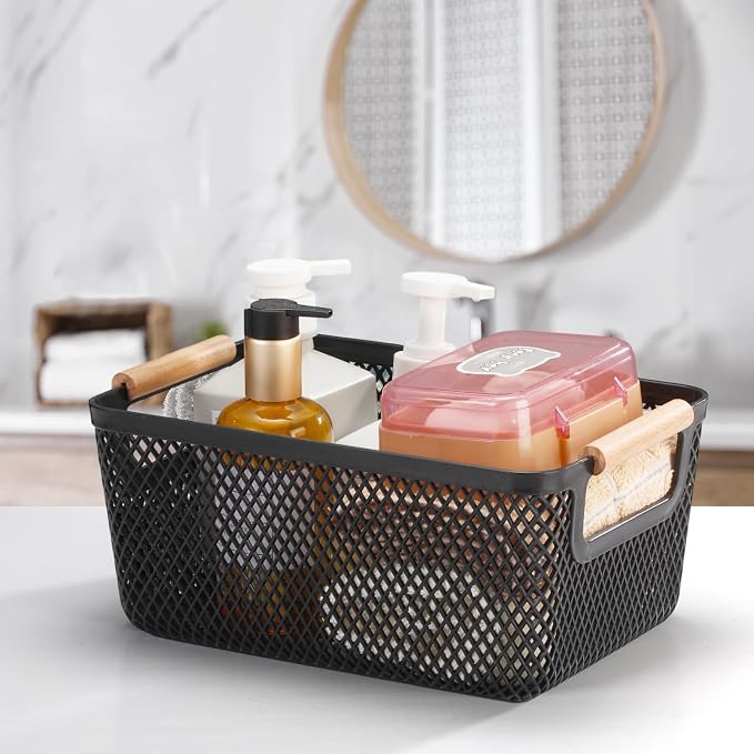 Tioncy 4 Pcs Plastic Mesh Baskets with Wood Handle Woven Mesh Storage Organizer Bins Multi-function Rectangle Baskets for Home Pantries Shelves Closet Kitchens Bedrooms(12.01 x 8.03 x 5.59 Inches) - Image 5