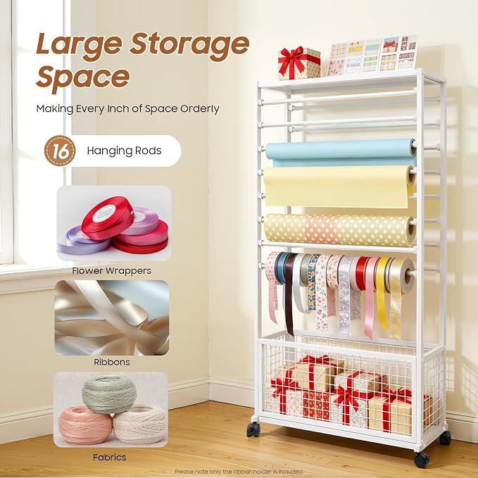 Ribbon Holder Organizer Rack, 16-Layer Double-Sided Expandable Wrapping Paper Rack, Ion Rolling Ribbon Storage Rack with Top Shelf and Bottom Basket for Flower Shop, Craft Room, H: 60Inch - Image 8